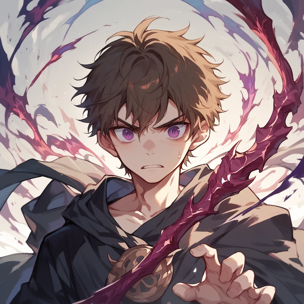 an 18yr young boy, shoulder length brown hair and purple eyes,powers of various weapons, wearing a black robe facing,attack on monster stone