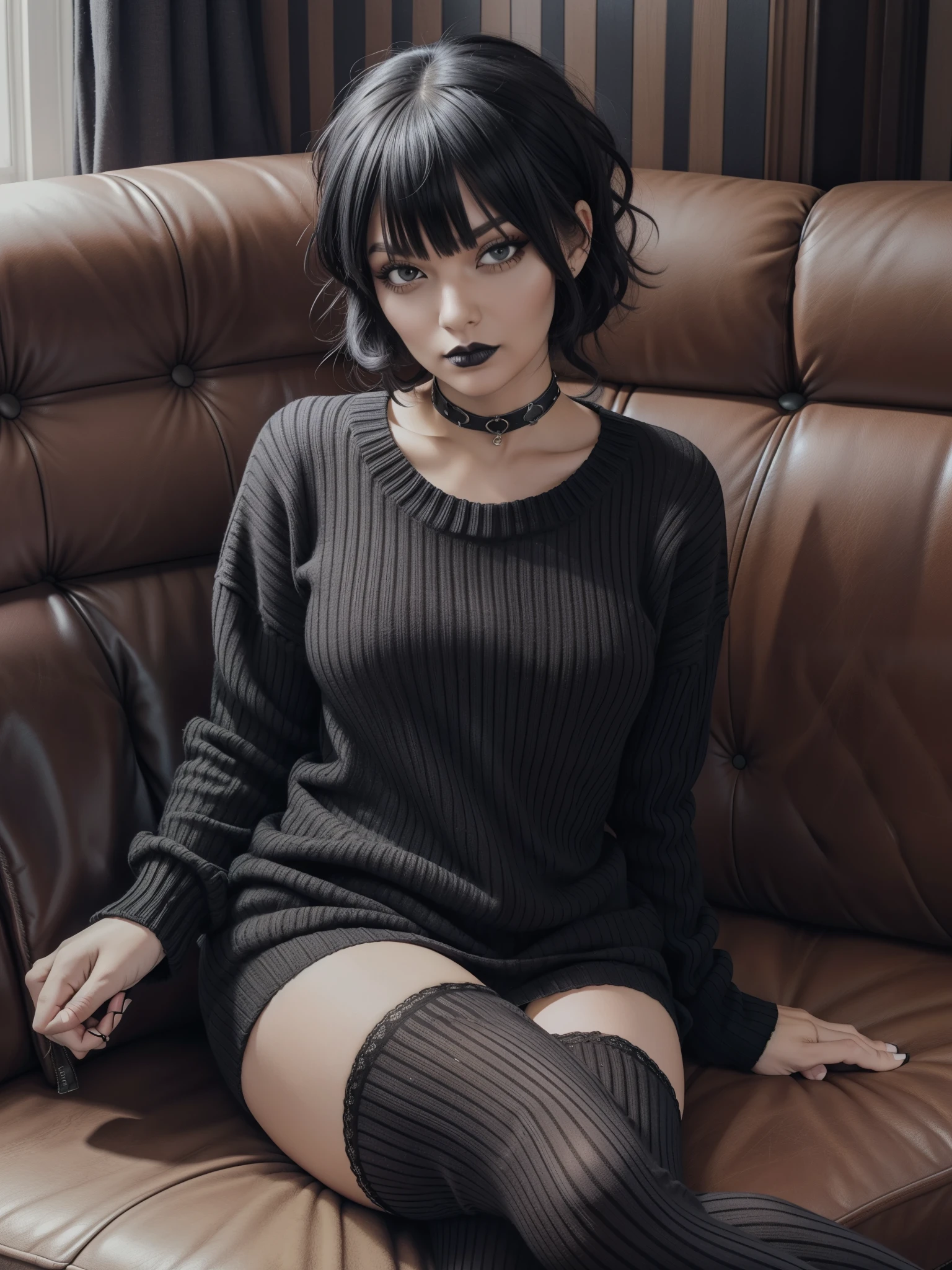 woman, masterpiece, portrait, black striped sweater, horizontal stripes, knitted sweater, goth, goth makeup, sitting, couch, bangs, messy hair, bedhead, panties, thigh highs
