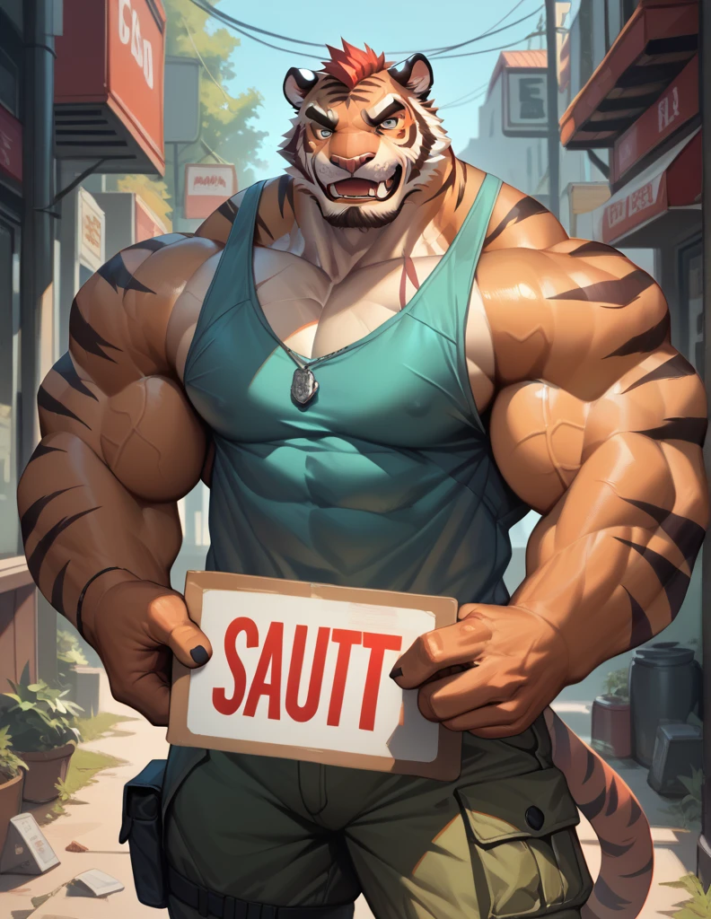 huge muscular tiger, cargo short, tank top, part, holding big sign, look at viewer, scar over eyes