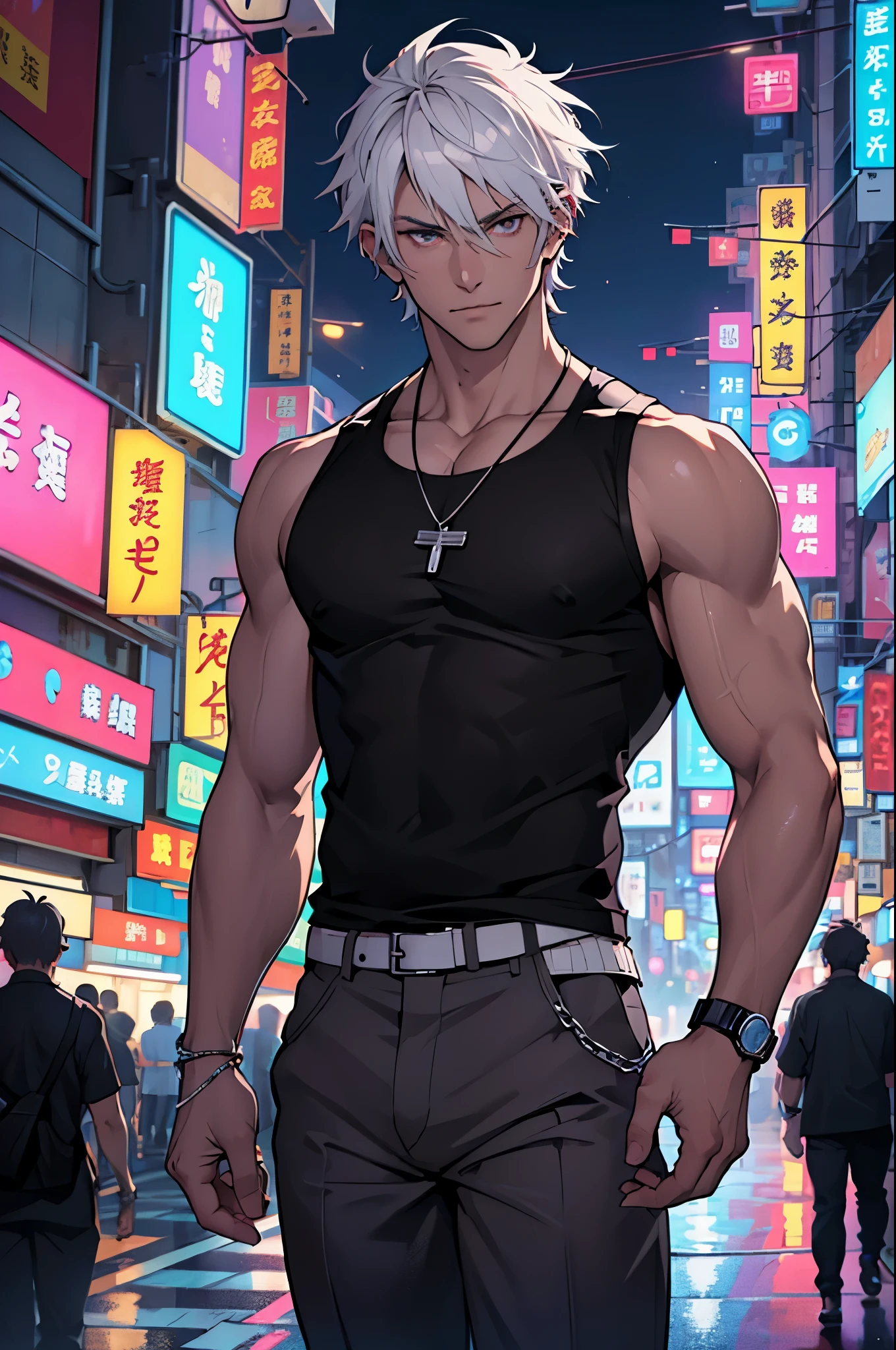 Young man, short blond hair, handsome face, tired expression, green eyes, large muscles, hyper pectoral, thick thigh, large butt. He's wearing a low-cut tank top, black pants, a backwards hat, and a silver chain around his neck, Big bulge. Scenery, party at night.