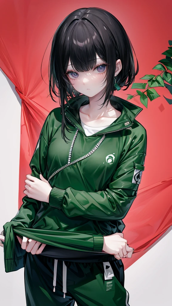 Messy black hair, green tracksuit, loose fitting, black eyes