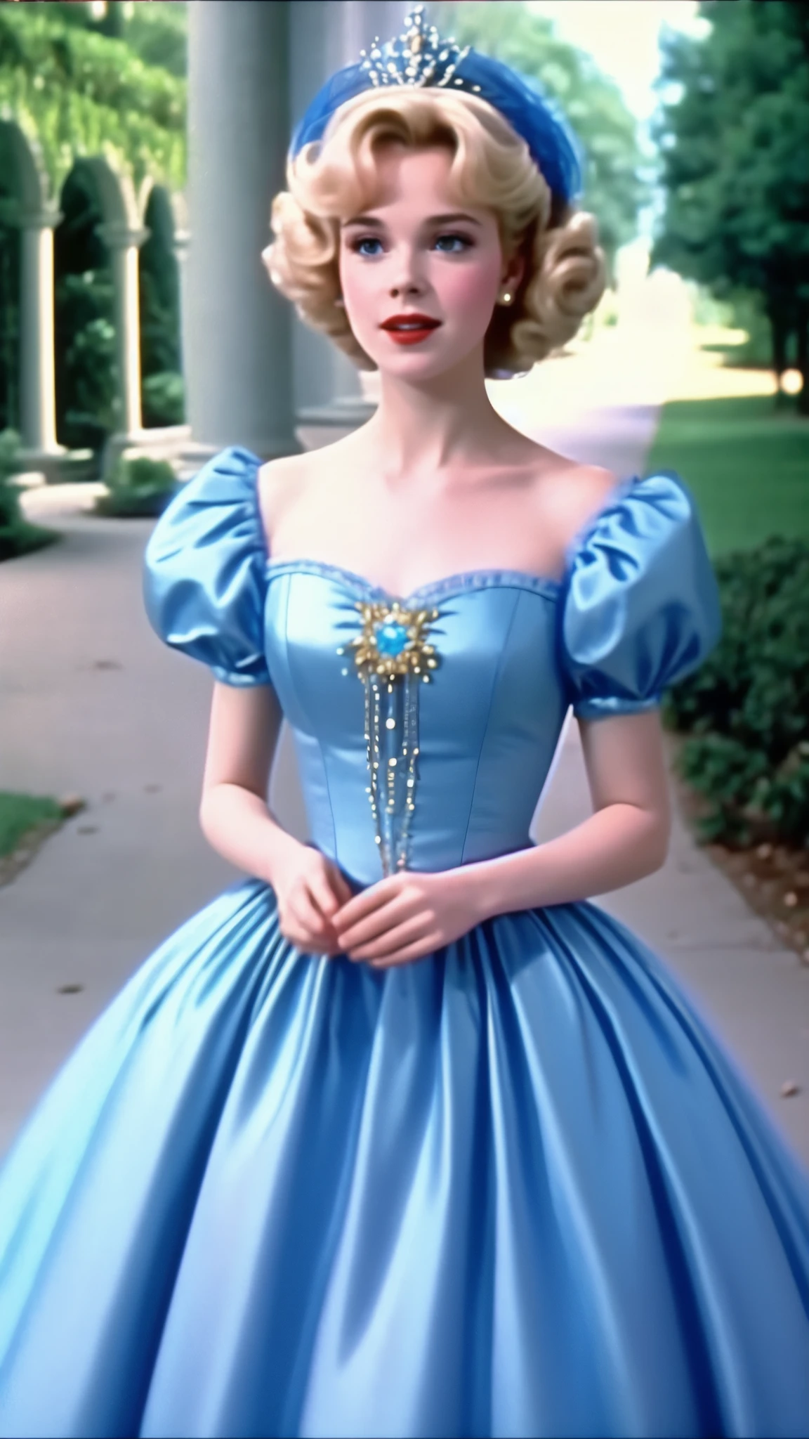 Princess cinderella vhs screengrab live action 1984 dark fantasy, chromatic aberration, blue gown, very pale skin