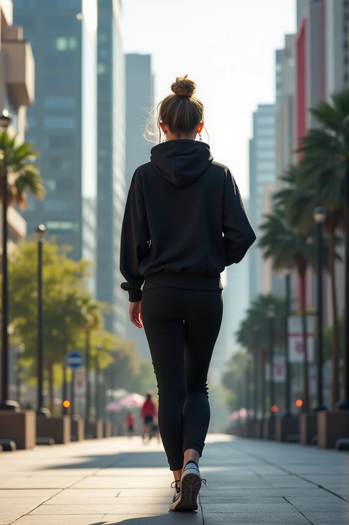 Only the background can be seen，The face is not visible，A half body，femele，Athlete body type，Short-sleeved trackwear，Walking on the road background，Black tones，Film light and shadow，k hd