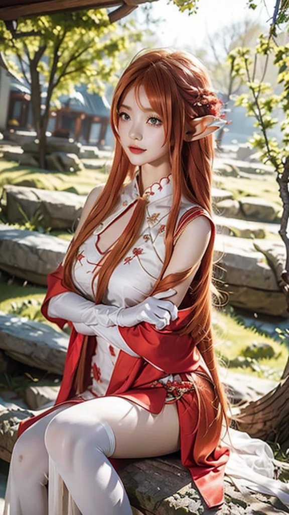 garden,Small bridge and flowing water,red phoenix woman,Flowing long red hair,Eichhornia,Present beauty,Elegant,Large Breasts,Present beauty的身材,Wearing a red phoenix costume,Sitting on the board,Solo Phoenix Guzheng.High resolution, masterpiece, best quality, high detail, Ultra high quality,