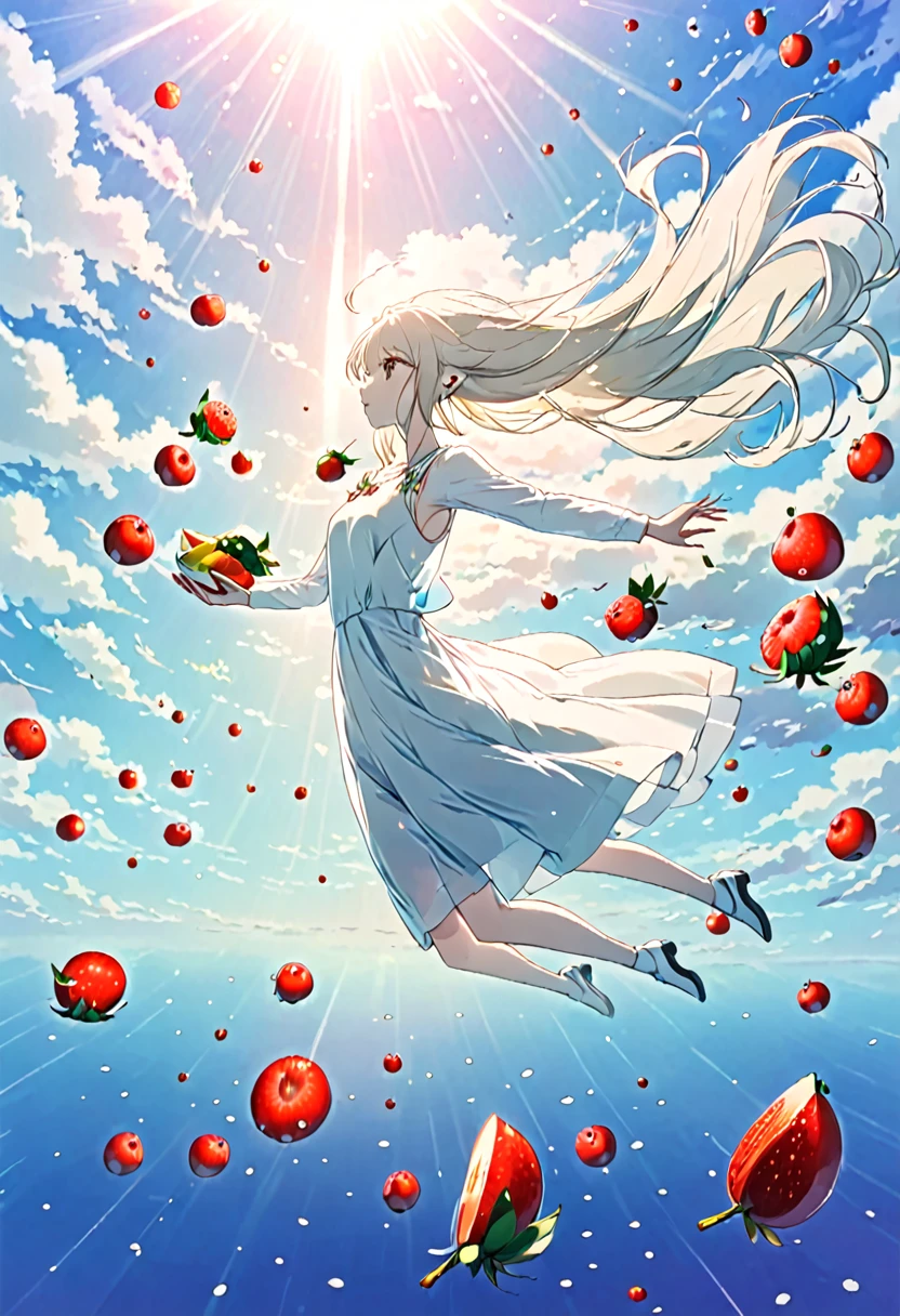 Long Hair,White dress,thin,fruit,Floating in the sky,Flying,Aerial