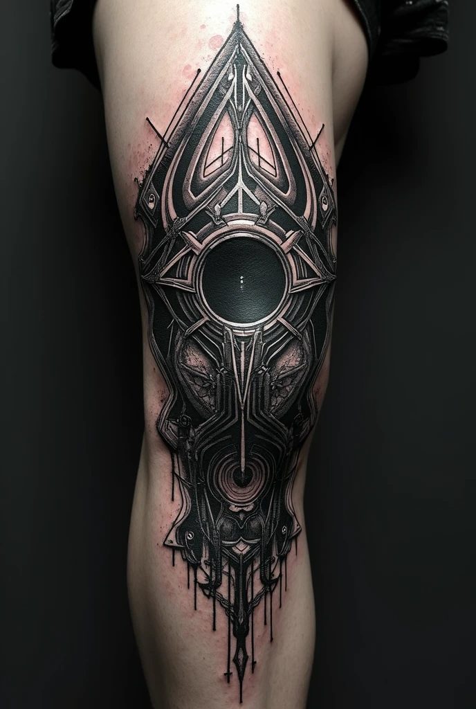Men's shin tattoo with a gothic sun