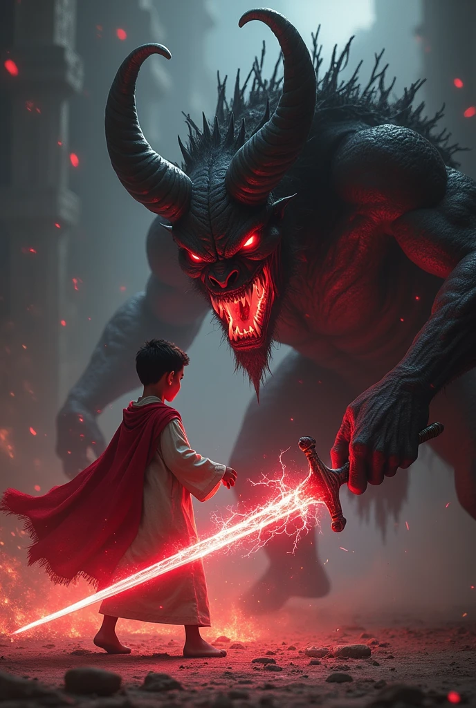 An epic battle between a red devil and a blonde girl, academic, dressed in a white and light blue t-shirt and with a cap on her head.