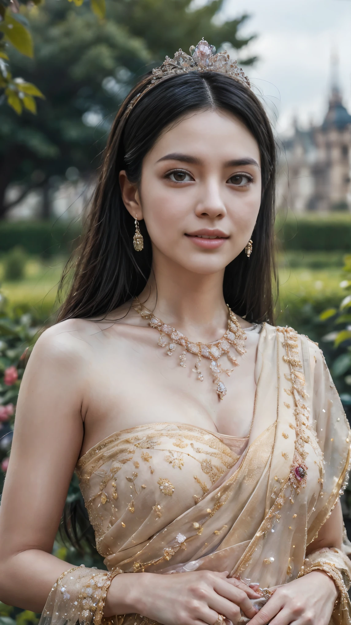 Beautiful Princess, Wearing the most beautiful royal costume, This set is adorned with gems and diamonds.., Her necklace is made of diamonds and gems.., She is in the garden., The magnificent palace is in the background.. ((Good picture quality, be born, Masterpiece, Real photos. Adult woman, Long eyelashes, Black hair、high resolution skin、very good、Fine skin、Beautiful face with details、The real face、Beautiful details in the eyes、realistically、Beautiful and detailed eyes、ผิวที่realistically、Beautiful skin、Photographed by world-class professionals, World-class light