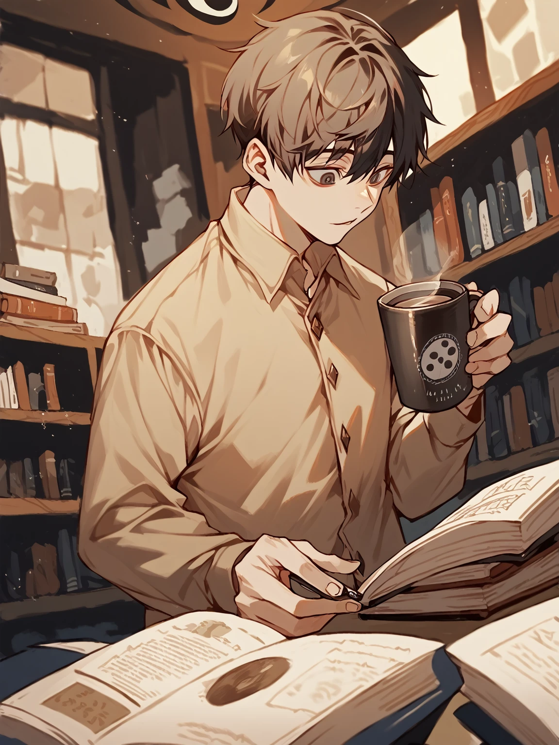 with messy black hair, big eyes and (((dark circles))). and has a peculiar hunched posture.(1man), Alone,Looks gloomy，A malicious smile, beige color shirt, coffee color coat, books, coffee, motion blur, illustration