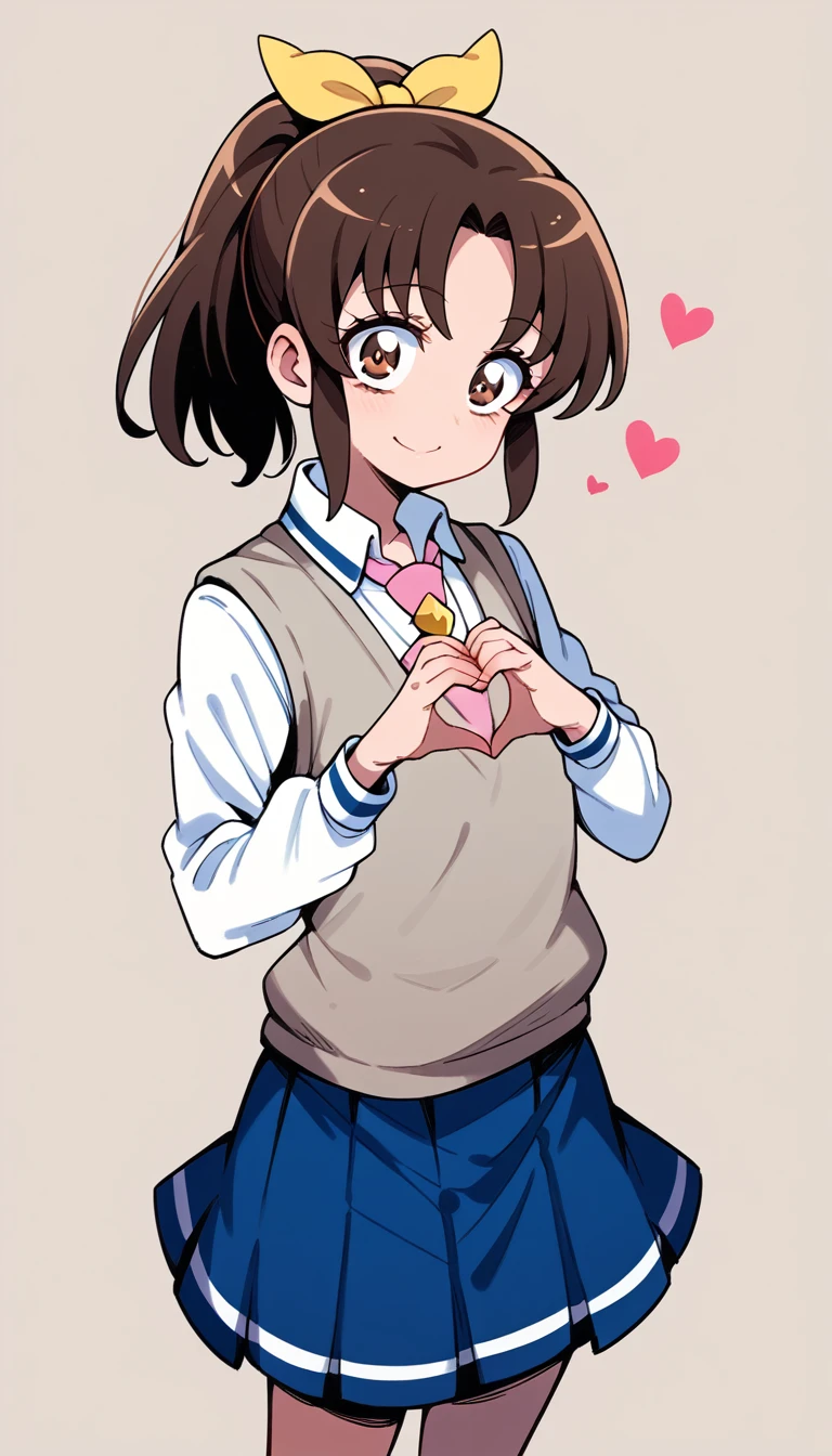 Score 9, Score 8 up, Score 7 up, The evaluation is questionable,
Detailed Background, Glowing Skin, Nao Midorikawa, (brown hair), Sagging eyes, brown eyes, ponytail, (Light blue hair ribbon), Junior High School Uniform, Pink tie, (gray pleats skirt), Navy sweater vest,girl, Grab your chest, smile, Clevis, Heart with hands placed in front of chest, Viewer discretion advised,