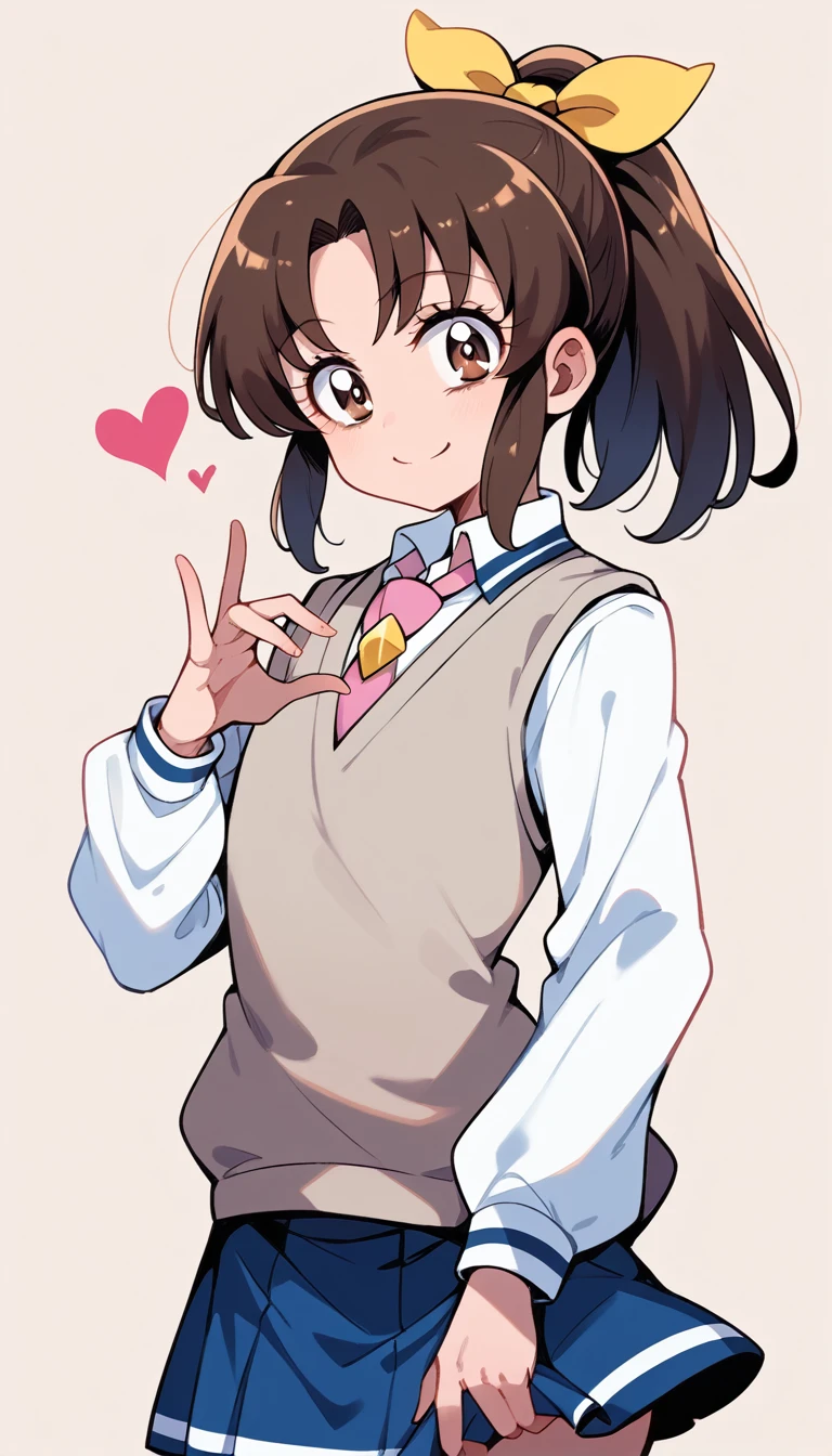 Score 9, Score 8 up, Score 7 up, The evaluation is questionable,
Detailed Background, Glowing Skin, Nao Midorikawa, (brown hair), Sagging eyes, brown eyes, ponytail, (Light blue hair ribbon),  School Uniform, Pink tie, (gray pleats skirt), Navy sweater vest,girl, Grab your chest, smile, Clevis, Heart with hands placed in front of chest, Viewer discretion advised,