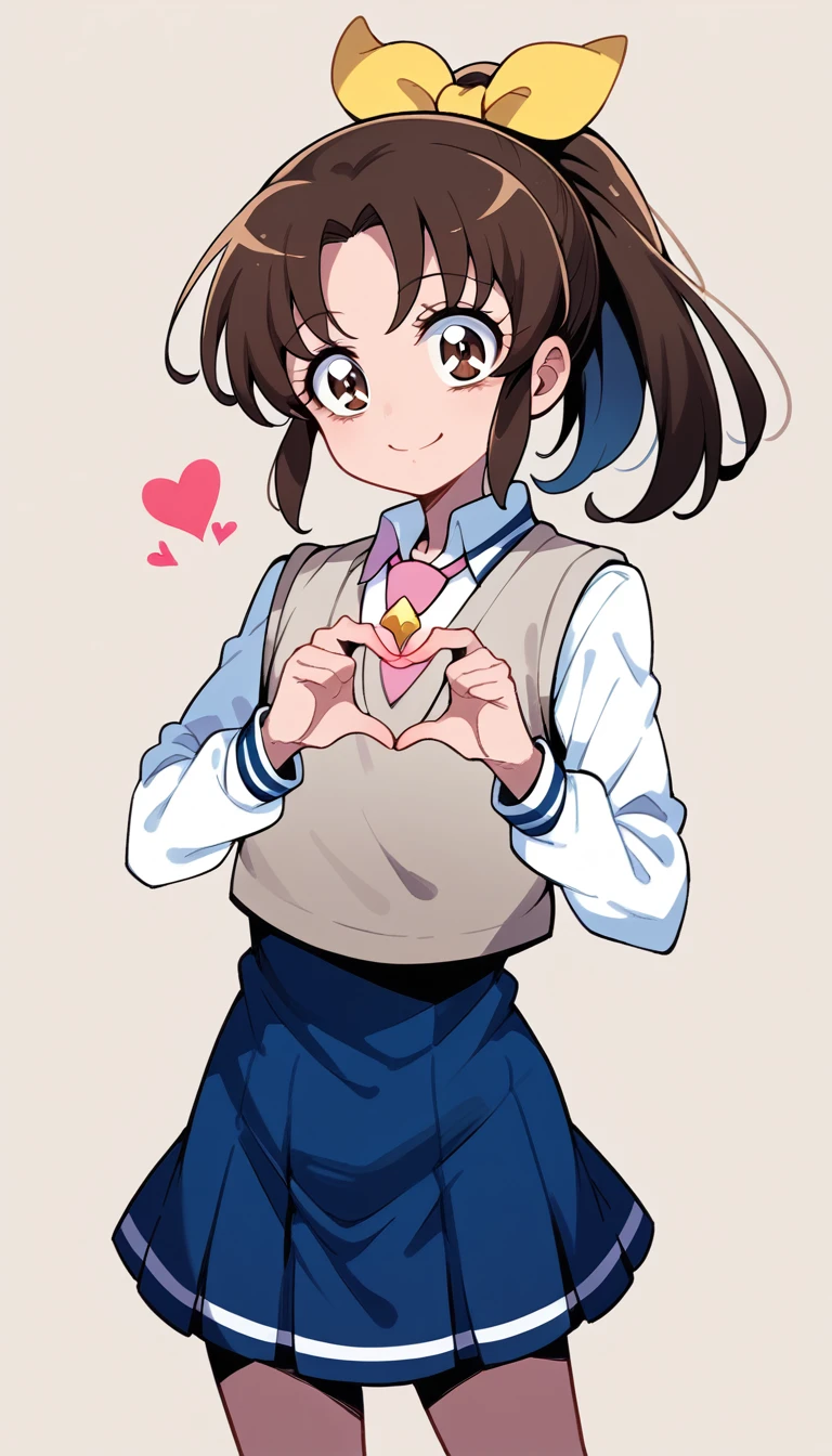 Score 9, Score 8 up, Score 7 up, The evaluation is questionable,
Detailed Background, Glowing Skin, Nao Midorikawa, (brown hair), Sagging eyes, brown eyes, ponytail, (Light blue hair ribbon), Junior High School Uniform, Pink tie, (gray pleats skirt), Navy sweater vest,girl, Grab your chest, smile, Clevis, Heart with hands placed in front of chest, Viewer discretion advised,