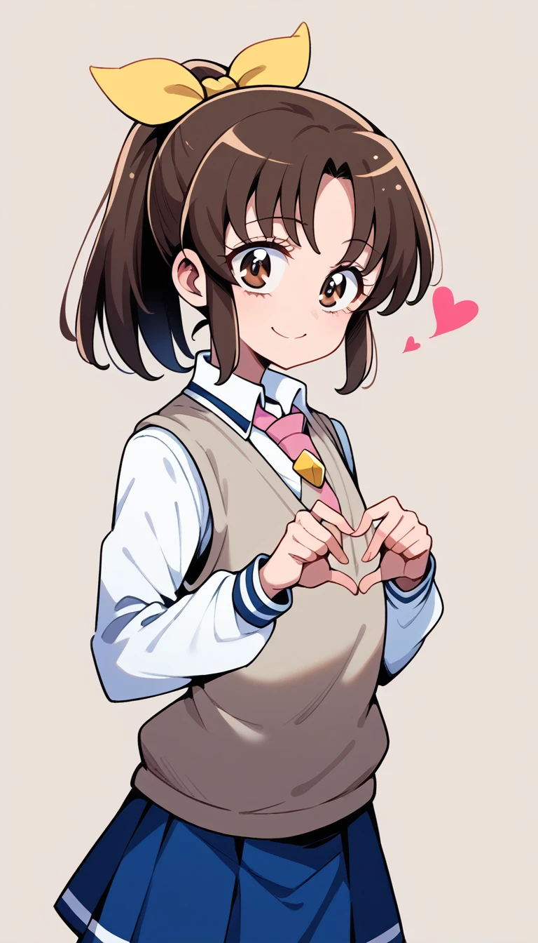 Score 9, Score 8 up, Score 7 up, The evaluation is questionable,
Detailed Background, Glowing Skin, Nao Midorikawa, (brown hair), Sagging eyes, brown eyes, ponytail, (Light blue hair ribbon),  School Uniform, Pink tie, (gray pleats skirt), Navy sweater vest,girl, Grab your chest, smile, Clevis, Heart with hands placed in front of chest, Viewer discretion advised,