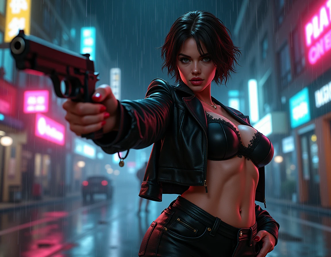 cyberpunk-style city with a nocturnal vibe with Matrix-like aesthetic references, glowing huge clock tower as time machine, green glowing cascading code. At night, (1girl, solo, alone), photorealistic, medium-breast slim:0.6 body, oval:0.5 face, cleavage:1.1, sexy black laced bra, miniskirt, white laced panty, coat, (black micro sunglasses), (aiming with a short gun), (slightly leaning forward running pose), ((half-body thigh level medium shot)), cinematic lighting, ray tracing, radial zoom blurred background.