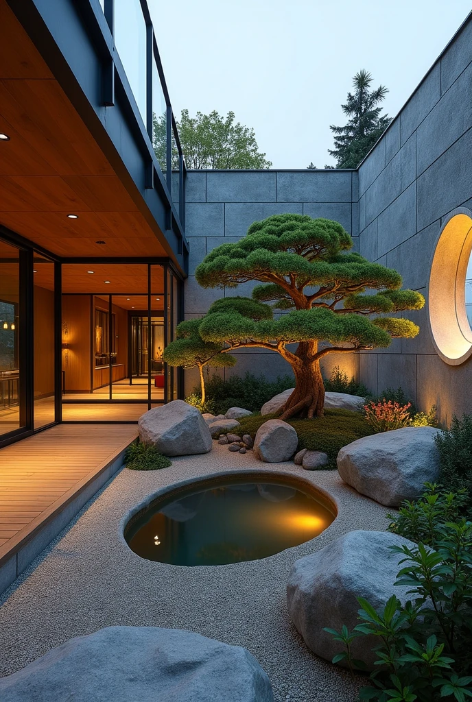 This is a Japanese-style garden but located in a modern house, very carefully and delicately arranged, creating a sense of peace and meditation. The wooden floor combined with natural stone elements, trees and a large lake create a connection between natural elements. The garden has a lake, trees, gravel and a path from left to right. The lake is located in the innermost corner of the garden, the lake is designed in a sloping style and covered with gravel to create the feeling of a natural lake. Surrounding the garden is a wall. The 4m high wall next to the lake is made of gray stone with natural veins, evoking strength and durability. The special highlight on the wall is the **large circle** that shines, creating a feeling like the moon or a symbol of achievement in East Asian culture. The light from this circle creates a shimmering and magical space at night. Pathway in the Japanese Zen Garden In the corner of the pond garden is a graceful bonsai tree, growing on a natural stone pedestal and planted in a shallow pond. The tree is surrounded by large rocks arranged randomly but deliberately, combined with light shining from below, creating a subtle contrast. Lighting plays a very important role in this design. LED lights are cleverly hidden along the walls and tiled floors, creating a gentle highlight. The use of warm and soft lighting makes the space intimate and relaxing in the evening. The thin iron railing is designed not to obstruct the view but still ensures safety. At the foot of the railing is an area planted with small shrubs and flowers, bringing color and vitality to the space. This garden is arranged next to a large greenhouse, and the high walls help the indoor and outdoor spaces blend together.