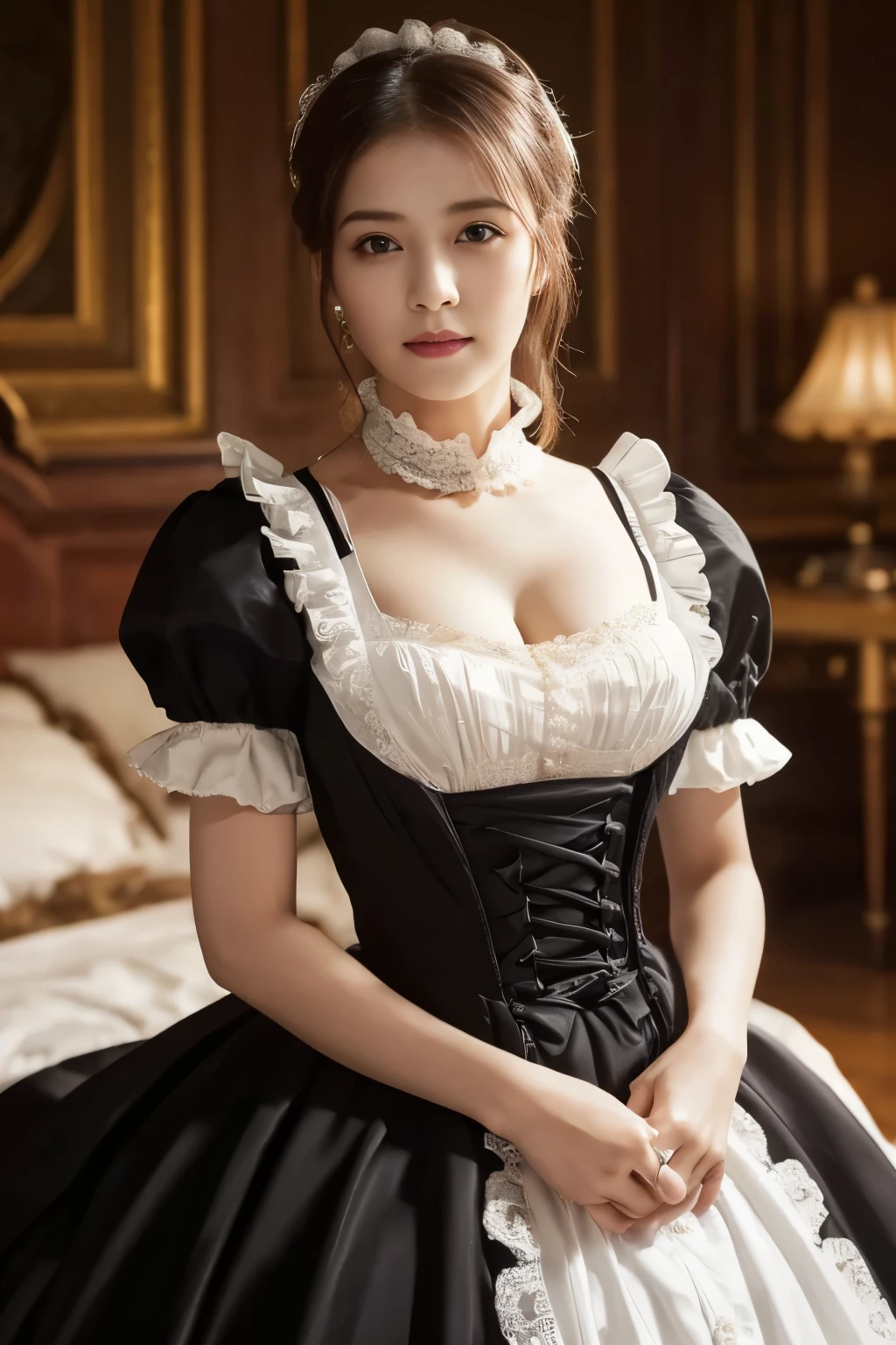 (Full body 1.8),(Big Breasts 1.8),(Pure color: 0.9), (color: 1.1), (masterpiece: 1,2), highest quality, masterpiece, High resolution, original, Highly detailed wallpaper, beauty, Victorian, dress, melancholy, Big Breasts, Sepia color, 28 years old  