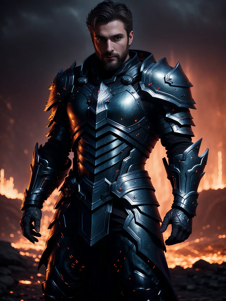 1man, A shot An awe-inspiring male paladin, 30 years old，small beard, Sexy and charming expression，gloomy eyes，Blue eyes, emb3r4rmor, shirtless, wearing a embers tasset and greaves, dynamic pose, emanating potent light magic. The scene is set in a dark and mysterious cityscape, illuminated by the glow of the paladin's magic. The composition is expertly crafted, with breathtaking attention to detail and cinematic lighting. The overall aesthetic is reminiscent of Fujifilm photography, capturing the beauty and depth of the scene