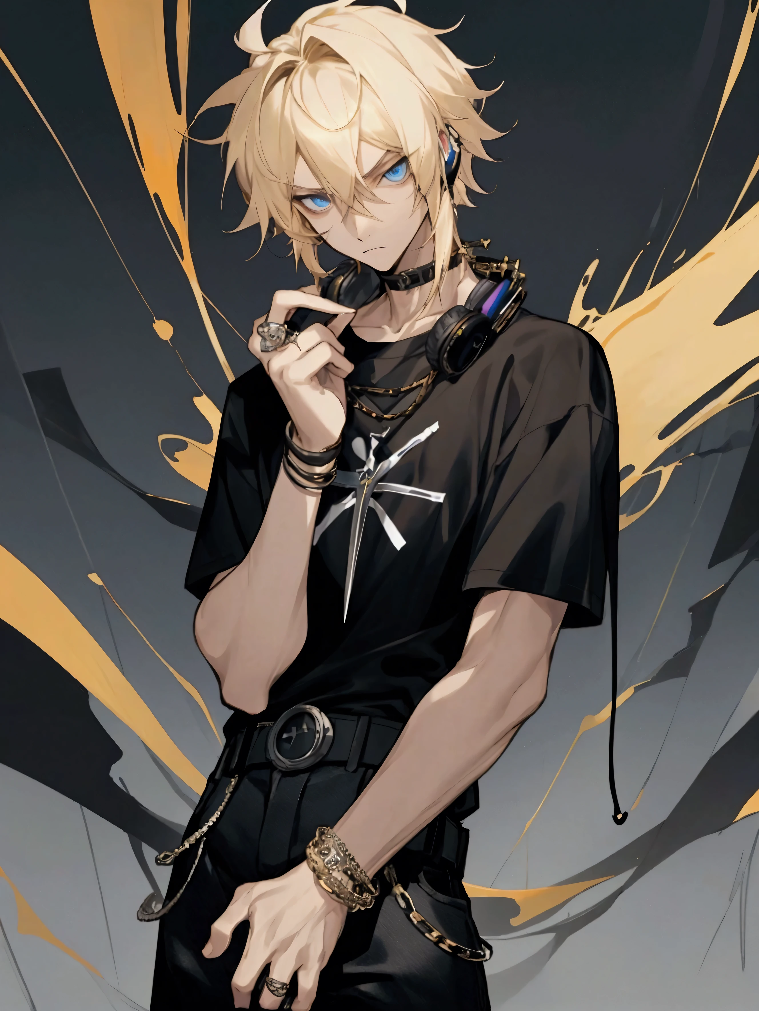 young boy, blonde hair, Bob hairstyle, blue eyes, black skintight clothes, Gold Chains, Cat's ears, Masterpiece, hiquality