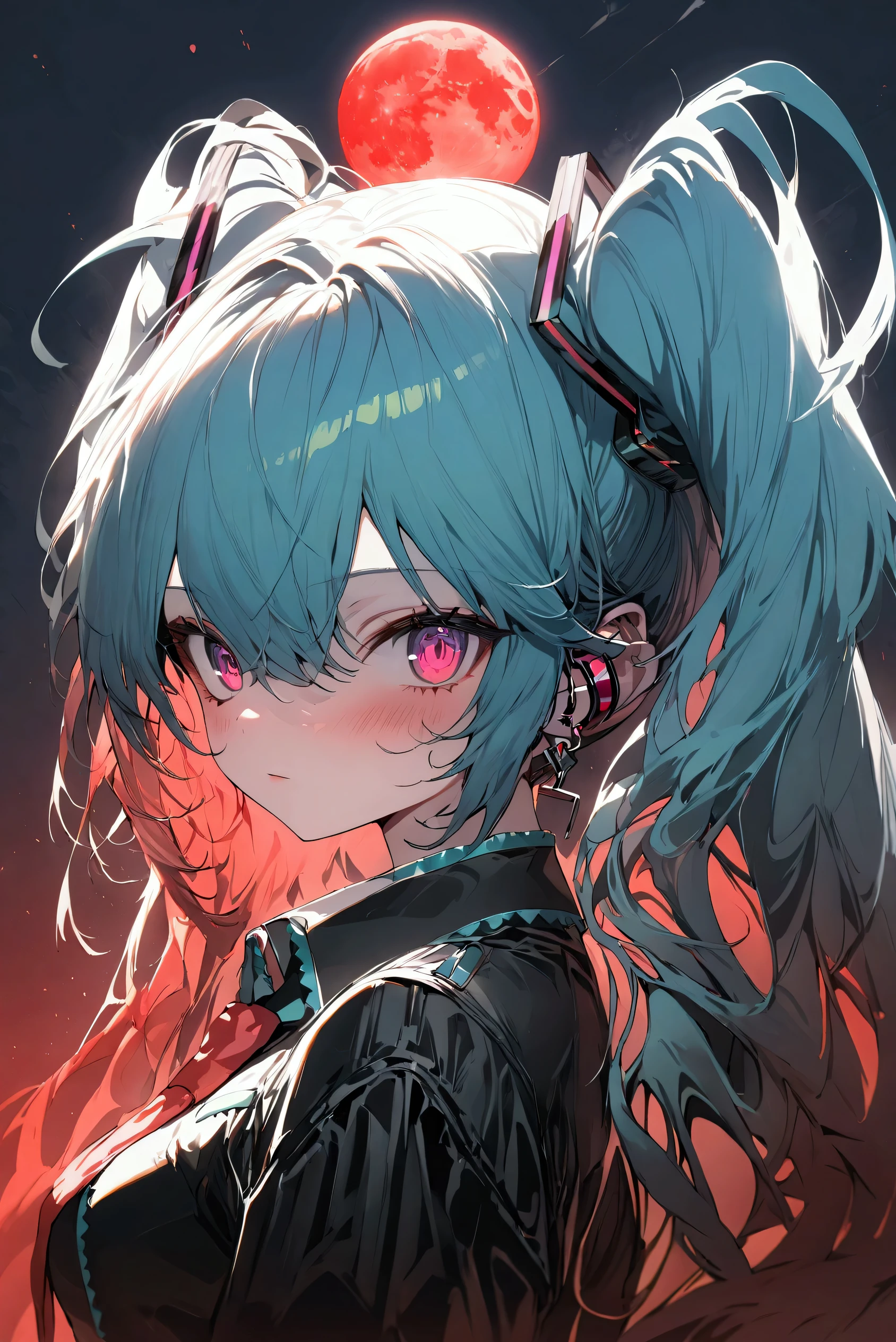 (highest quality:1.2, Very detailed, Latest, Vibrant, 超High resolution, High Contrast, masterpiece:1.2, highest quality, Best aesthetics), (((1 girl))), alone, vampire girl, (Hatsune Miku), masterpiece, best quality, best resolusion, ultra detailed,girl infected with vampire virus, glowing red eyes, sharp gaze, tense atmosphere, blood moon night