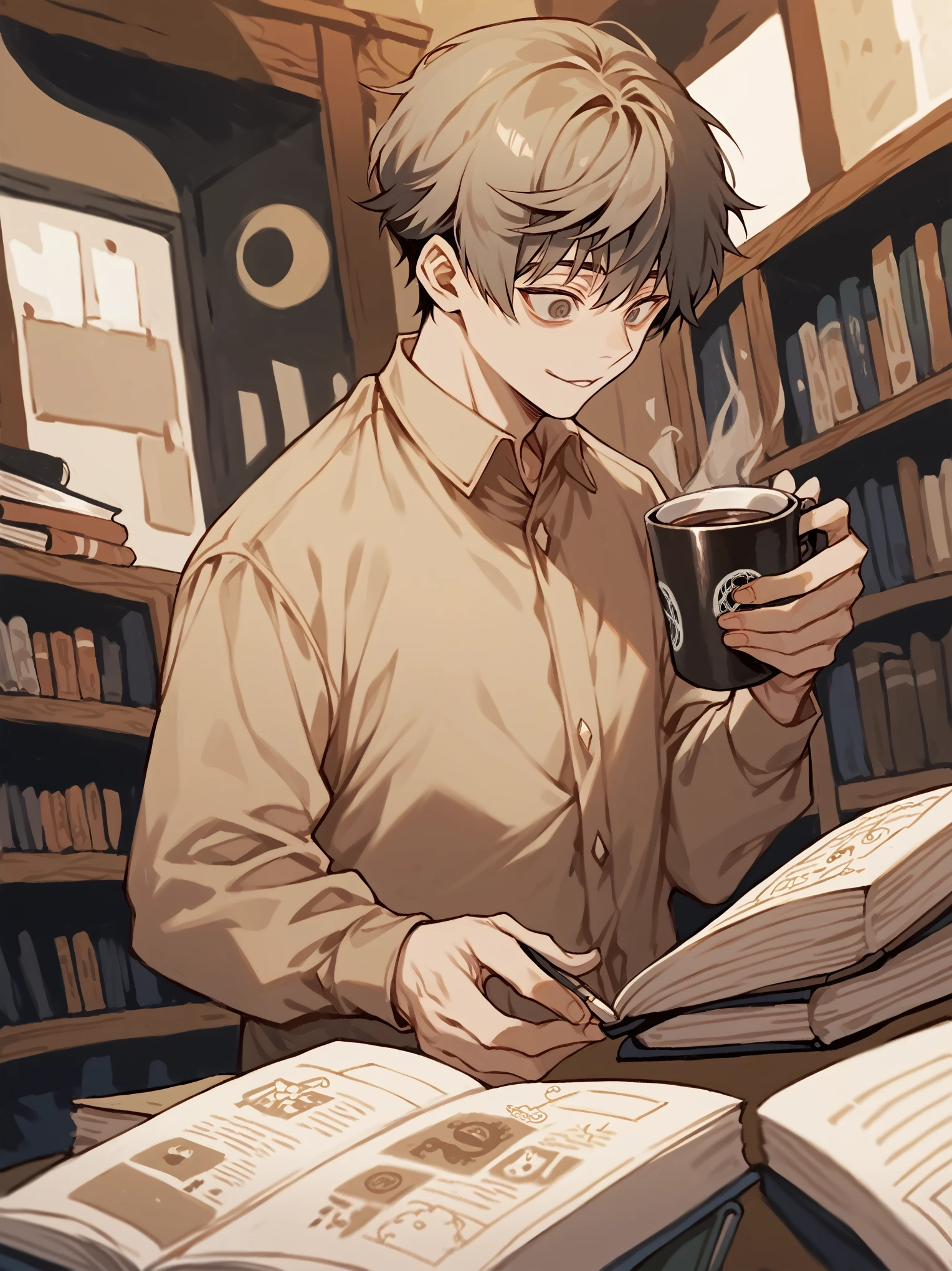 with messy black hair, big eyes and (((dark circles))). and has a peculiar hunched posture.(1man), Alone,Looks gloomy，A malicious smile, beige color shirt, coffee color coat, books, coffee, motion blur, illustration