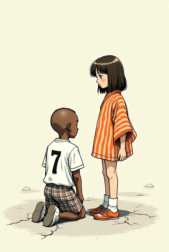 1980s retro hand drawn ink. A small black boy named Greg Burke kneeling on concrete with short close crop shaved hair, in an all-white number seven sports jersey, loose-fitting plaid cotton boxers shorts and a Japanese small girl named Ikari Yu with medium length brown hair wearing an orange stripe kimono.