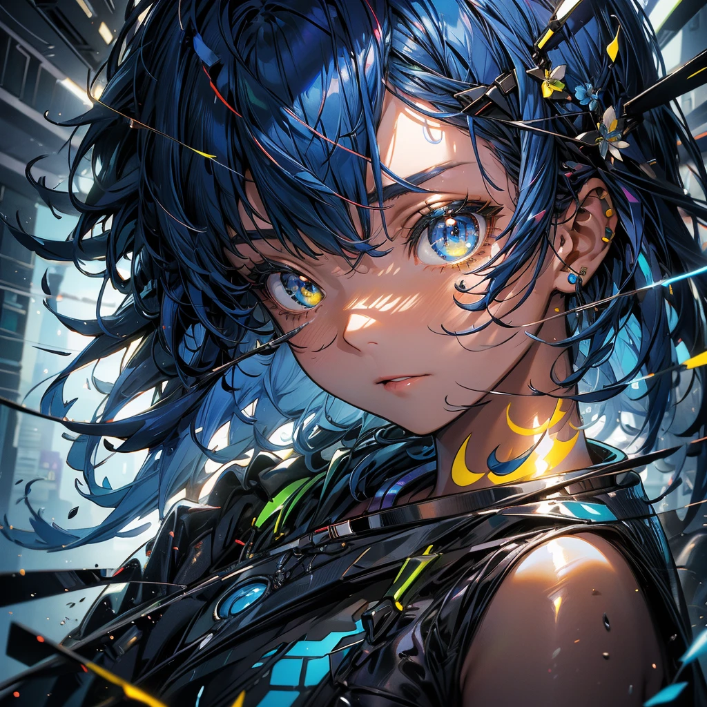 masterpiece, best quality,glowing, (glow:0.6),, (liquid:0.4),1 girl sitting on a subway train,from side,colorful,shiny, shiny hair, shiny skin, Cyberpunk clothes, blue hair yellow strokes(blue hair: 0.3) ,highly ditailed face,highly detailed eyes,tinted eyewaer,beautiful flower,short hair,bangs,lots of hairpins in the hair
