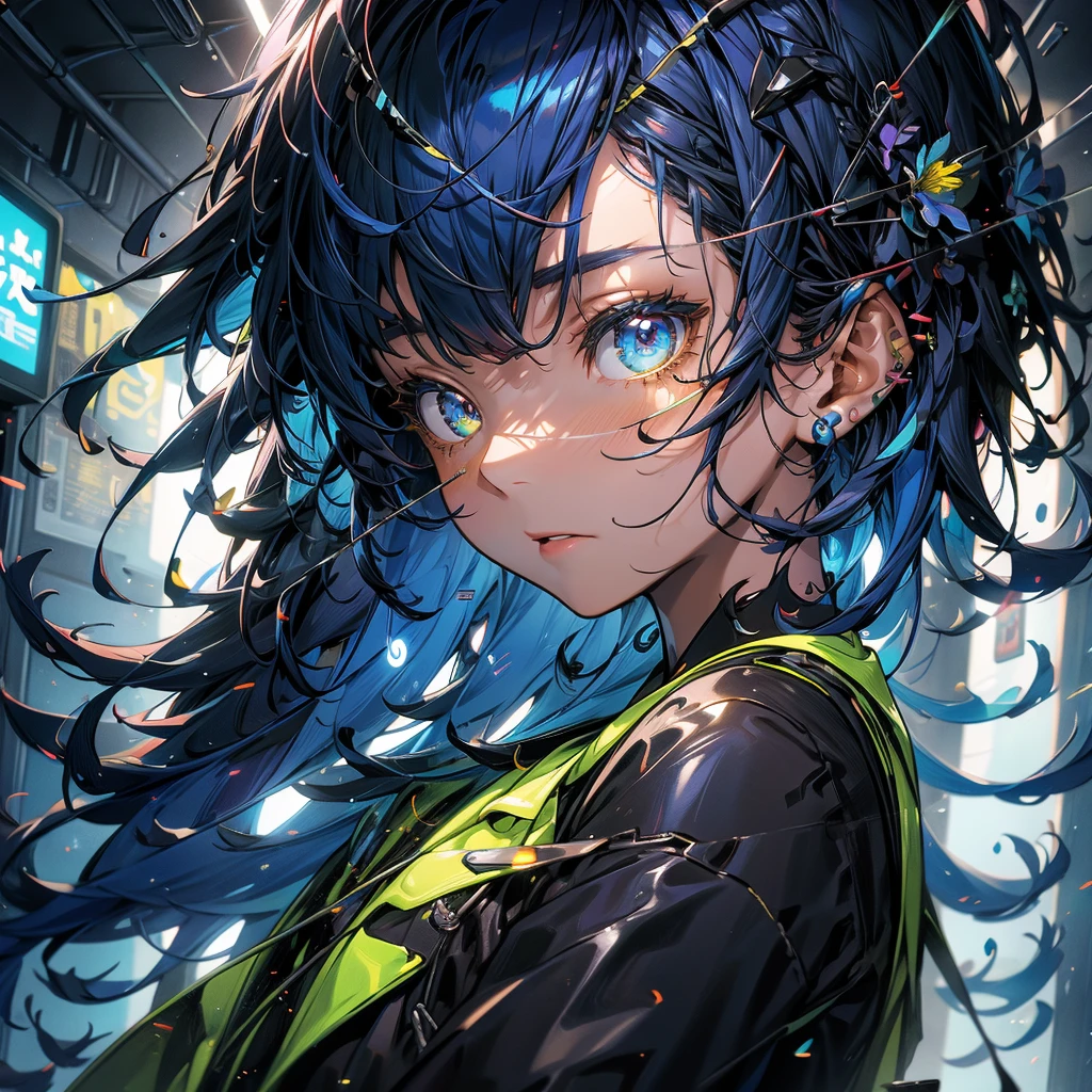 masterpiece, best quality,glowing, (glow:0.6),, (liquid:0.4),1 girl sitting on a subway train,from side,colorful,shiny, shiny hair, shiny skin, Cyberpunk clothes, blue hair yellow strokes(blue hair: 0.3) ,highly ditailed face,highly detailed eyes,tinted eyewaer,beautiful flower,short hair,bangs,lots of hairpins in the hair
