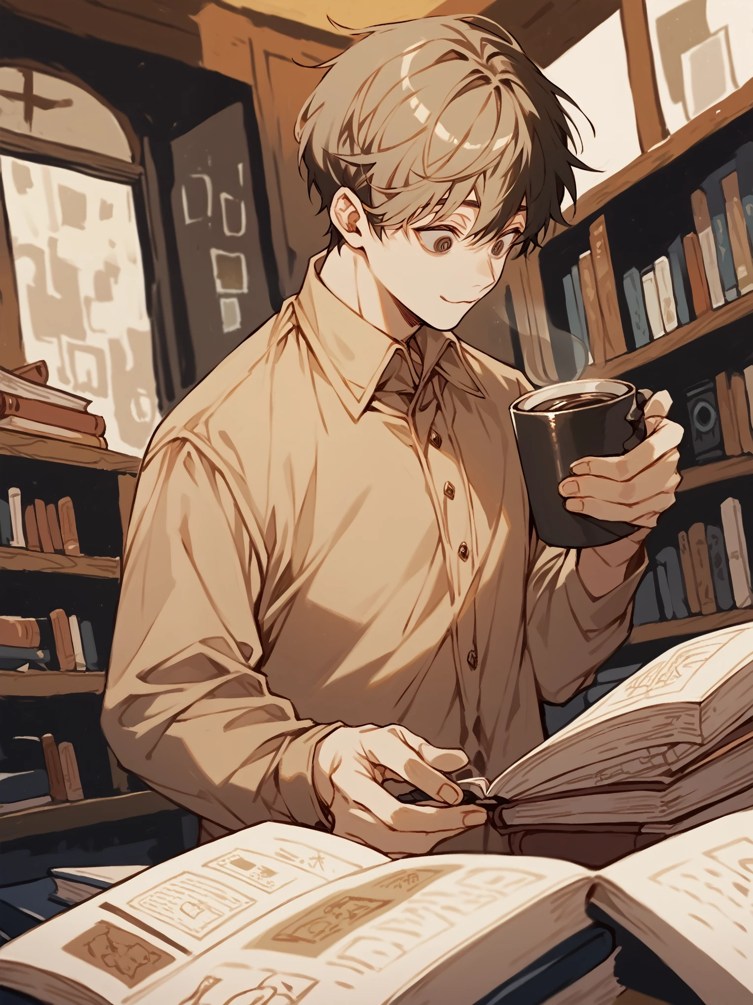 with messy black hair, big eyes and (((dark circles))). and has a peculiar hunched posture.(1man), Alone,Looks gloomy，A malicious smile, beige color shirt, coffee color coat, books, coffee, motion blur, illustration