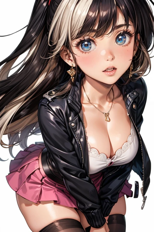 (cowboy shot: 1.5), (white background, simple background: 1.5), (masterpiece:1.5), (big breasts), 1 girl, mature woman, (Beautiful Girl:1.5), (extremely detailed and delicate anime face and eyes:1.5), whole body, (natural light, HDR, extremely details CG:1.3), (dynamic posture: 1.5), {correct body anatomy}, (wide hips:1.4), (perfect hands:1.3), single focus, toned body, Beautiful Lips, thick lips, {surreal}, {correct posture}, {minutes details}, {detailed body}, {detailed clothing}, {Bright Eyes}, (cleavage: 1.5), {accessories}, {sexy}, {solo}, (open jacket: 1.5), long sleeves, button up shirts, (short skirt: 1.3), high heels, pointe shoes, earrings, chain necklace, (black thighhighs: 1.5), black legwear, (long hair: 1.5), (two-tone hair: 1.5), (sidelocks: 1.3), (bright eyes: 1.3),