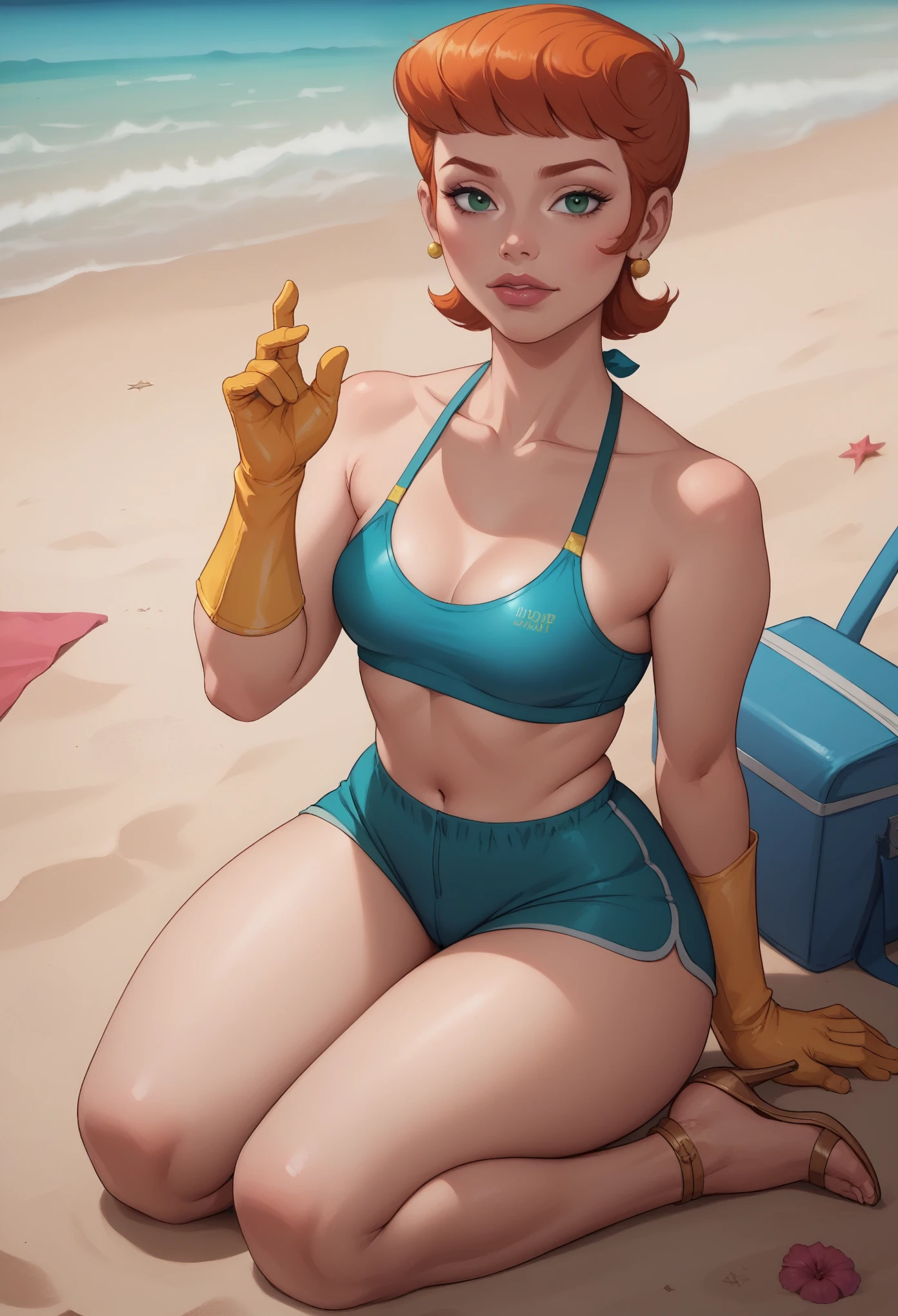 Dexter's mom. short hairstyle. ginger. green eyes. small saggy breasts. huge hips. bbw. big ass. yellow gloves. swimsuit. shorts. heels. beach. (best quality, photorealistic, 1girl, solo, looking at viewer, , depth of field, (watercolor illustration, soft pastel colors:1.1), realistic,) sitting