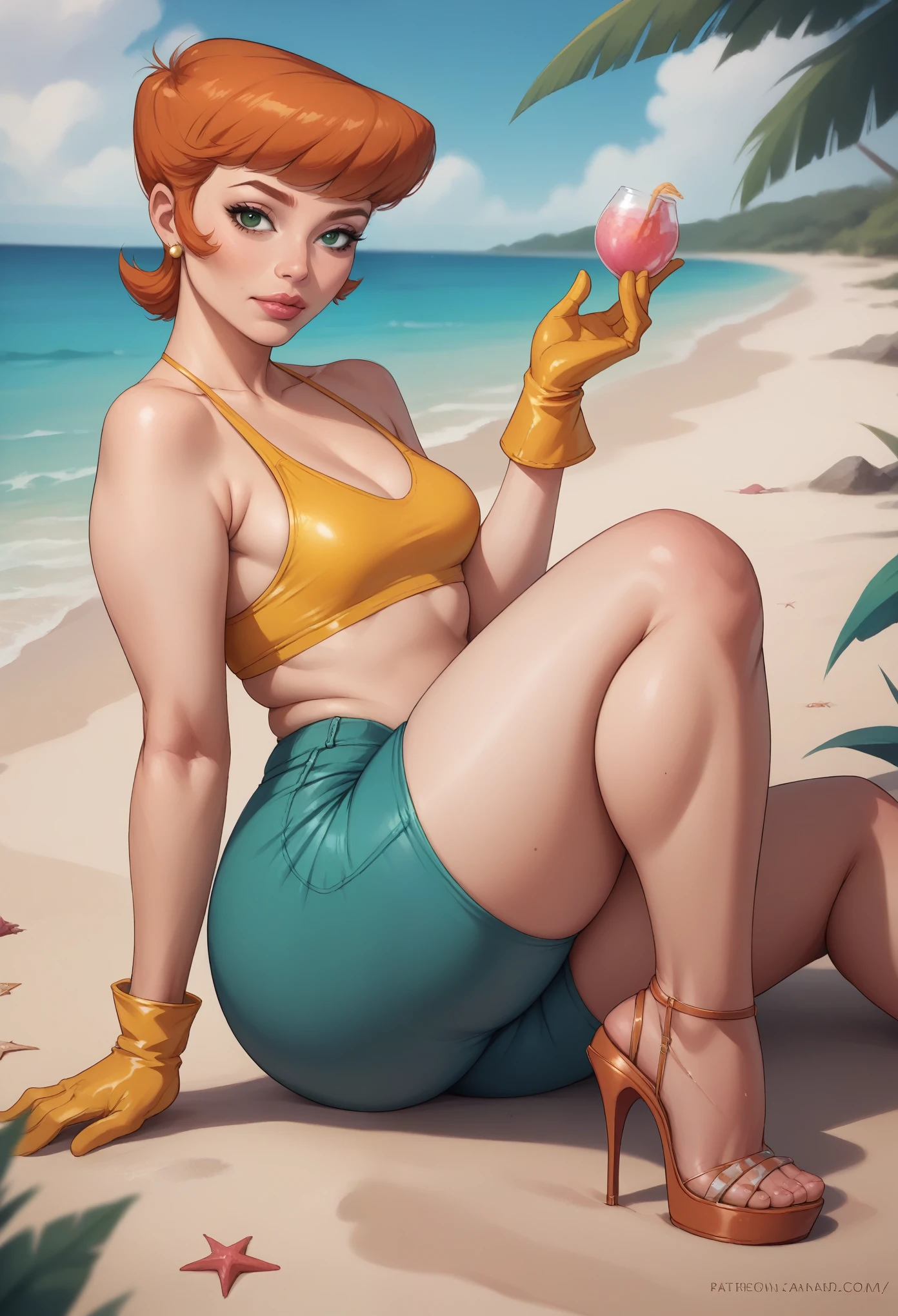 Dexter's mom. short hairstyle. ginger. green eyes. small saggy breasts. huge hips. bbw. big ass. yellow gloves. swimsuit. shorts. heels. beach. (best quality, photorealistic, 1girl, solo, looking at viewer, , depth of field, (watercolor illustration, soft pastel colors:1.1), realistic,) sitting