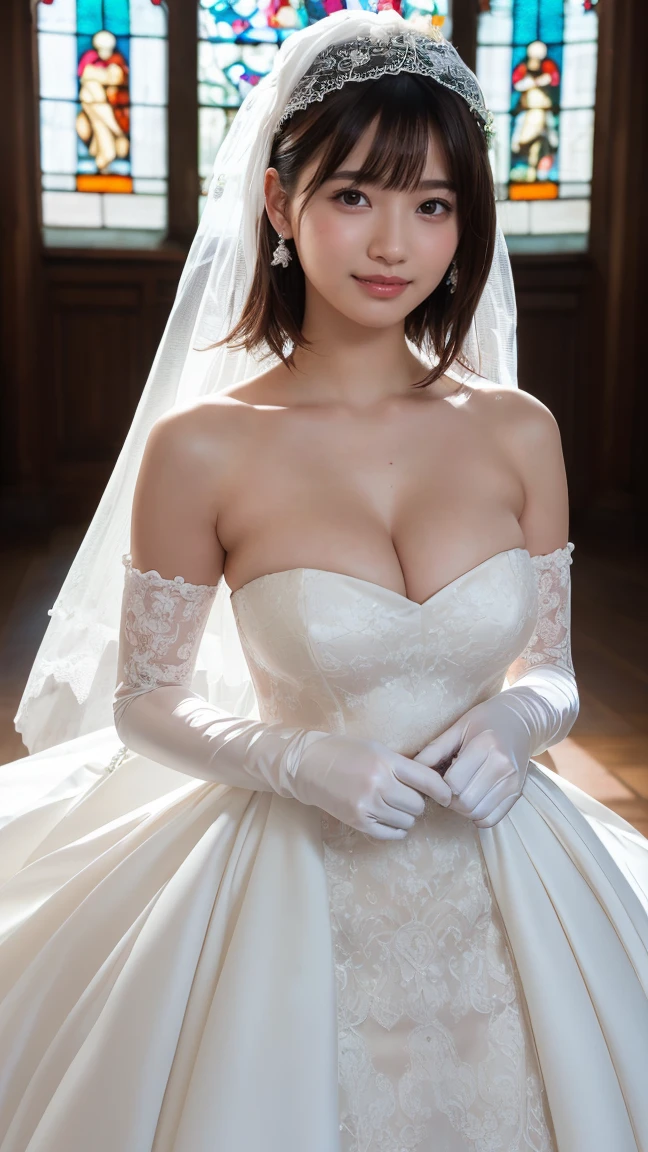 (photograph realistic:1.55), masterpiece, highest quality, detailed, Blurry, depth_of_Field, Blurry_background, Blurry_prospect, 1人of女of子, gloves, white_gloves, dress, motion_Blur, photograph_(Moderate), alone, white_dress、Huge Tits、Saggy breasts、胸of谷間、Skirt flip、garter belt