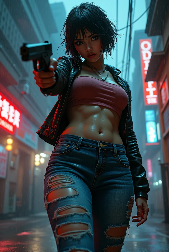 dark brown hair，purple eyes，Brown jacket and gray short sleeves，Gray lower body shorts，technology，flat chest，holding a gun，Beautiful 5 heads body