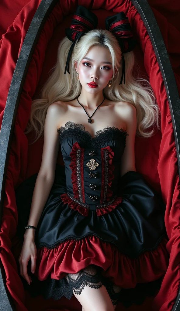 long white hair,16 year old girl,White stockings on her legs,Bedridden Bloodied Shalltear from Overlord, vampire fighter, (( form-fitting soft black evening dress with a large heavy skirt, adorned with a lace ribbon and a short custom-made jacket, giant ribbon in hair, multi-layered skirt, hairpin, wine liquid)), (White skin, White hairstyle with a long ponytail, bright red pupil, blood's effect on the body, Unsettling aura, body shape), (Masterpieces, a high resolution, fantasy art), Queen's bedroom background