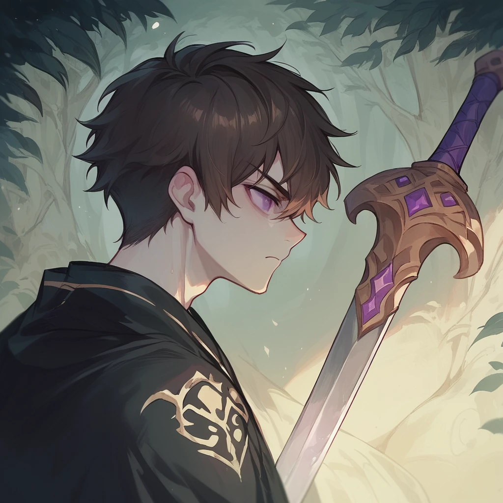 an 18yr young boy, shoulder length brown hair and purple eyes,powers of sword much weapons, wearing a black robe facing,attack on monster stone,in forest