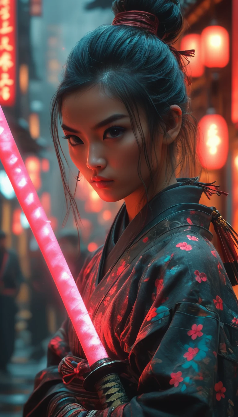 Samurai, 2 woman, Hyperrealism, very detailed skin, 4k,,, AshleyWoodArtAI,, katana profile picture, Organic painting, Evening, matte paint, Bold shapes, hard edges, street art, Trends in Artstation, By Huang Guangjian, Gil Elvgren y Sachin Teng, glow, katana