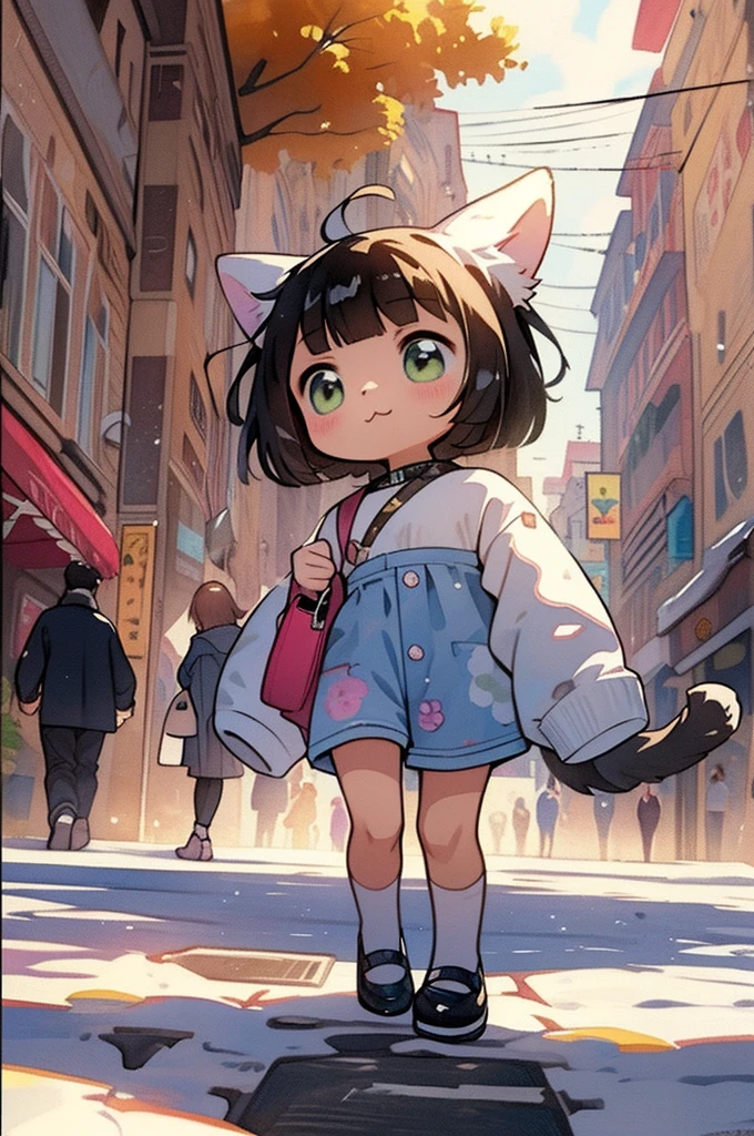 "A young girl with bright black hair , bright skin, and the soft expression , wearing future clothing .  The girl sitting , black shoes .  The background is plain black ,  paw pose , gives full focus to the character of the girl ,cute chibi."