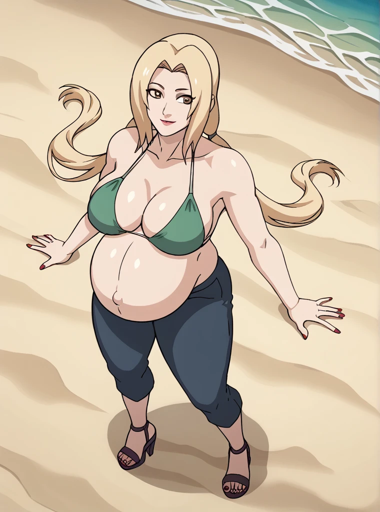 score_9, score_8_above, score_7_above, score_6_above, score_5_above, score_4_above, Tsunade, blonde hair, large breasts, mature female, blue pants, long blonde hair, two low ponytails, smooth and silky hair, Light brown eyes, pale skin, looking ahead, smiling, Posing,
big breasts, pregnant, huge belly, big belly, belly button, Posing, blue pants, green maternity robe, bikini, chest bandage, nail polish, rubbing the belly, Beach, background on the beach, heels,
high quality, Best Quality, ultra detailed, masterpiece, Whole body, animated style, high quality, ultra detailed, beast quality, anime style, High Resolution, 8K resolution,