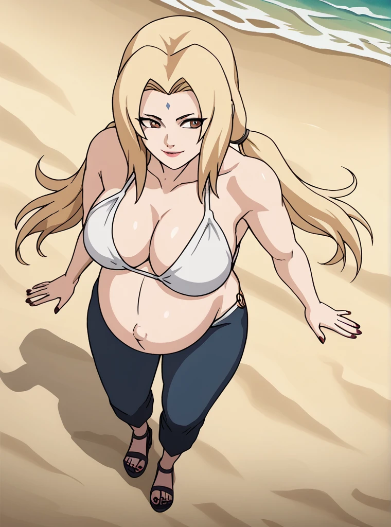 score_9, score_8_above, score_7_above, score_6_above, score_5_above, score_4_above, Tsunade, blonde hair, large breasts, mature female, blue pants, long blonde hair, two low ponytails, smooth and silky hair, Light brown eyes, pale skin, looking ahead, smiling, Posing,
big breasts, pregnant, huge belly, big belly, belly button, Posing, blue pants, green maternity robe, bikini, chest bandage, nail polish, rubbing the belly, Beach, background on the beach, heels,
high quality, Best Quality, ultra detailed, masterpiece, Whole body, animated style, high quality, ultra detailed, beast quality, anime style, High Resolution, 8K resolution,