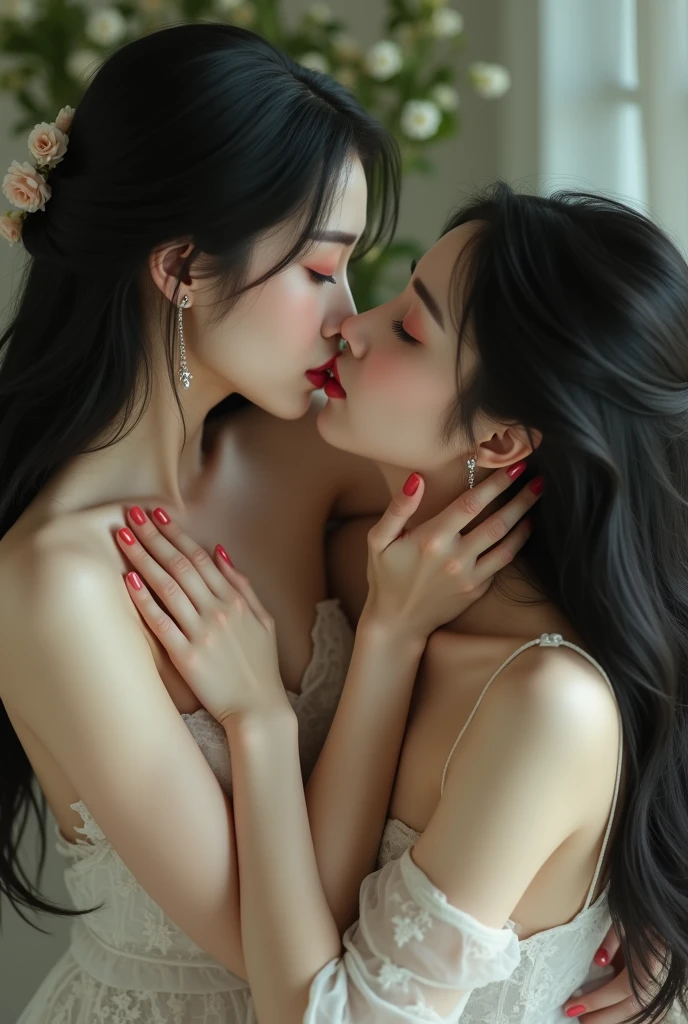 8k, Two beautiful mature Japanese women aged 55, Two married women, Long eyelashes, Bob Hair, Red lipstick, Pink Cheeks, Pearl Necklace, Earrings, Dark eyeshadow, Wearing glasses, Cleavage, Nipples and nipples, Intense deep kiss, Tongue to tongue, Drooling, Sweat, Lesbian, Sex, Pussy Juice, Love each other, Pink Background, ((Focus on the whole body)),