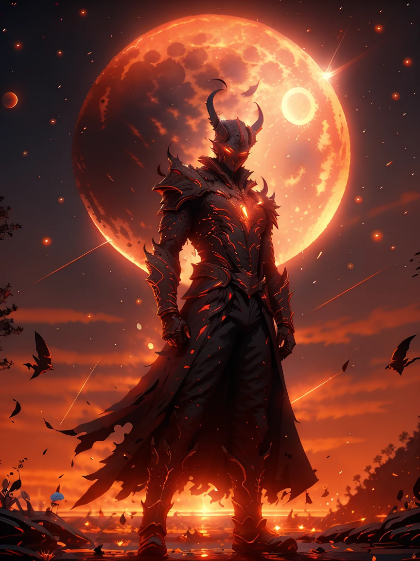 1man, standing in front of a full moon with a red light on his face and a red light on his head,fire,aurora,burning, emb3r4rmor ,embers,glowing,cloud,glowing eyes,campfire,crescent moon,male focus,constellation,cloudy sky,light particles,flame,solo,night sky,diffraction spikes,dusk,full moon,sky,galaxy,space,sparkle,star \(sky\),molten rock,starry sky,moon,moonlight,gradient sky,night,lens flare,red moon,orange sky,outdoors,red sky,sunset,milky way,sun,planet,shooting star,purple sky,starry background,twilight,1man,
((best quality)),((masterpiece)),((highres)),((detailed)), original, extremely detailed 8K wallpaper,intricate details, hyperdetailed, hyper quality, high detail, ultra detailed,perfect lighting,, anime,comic,game CG,