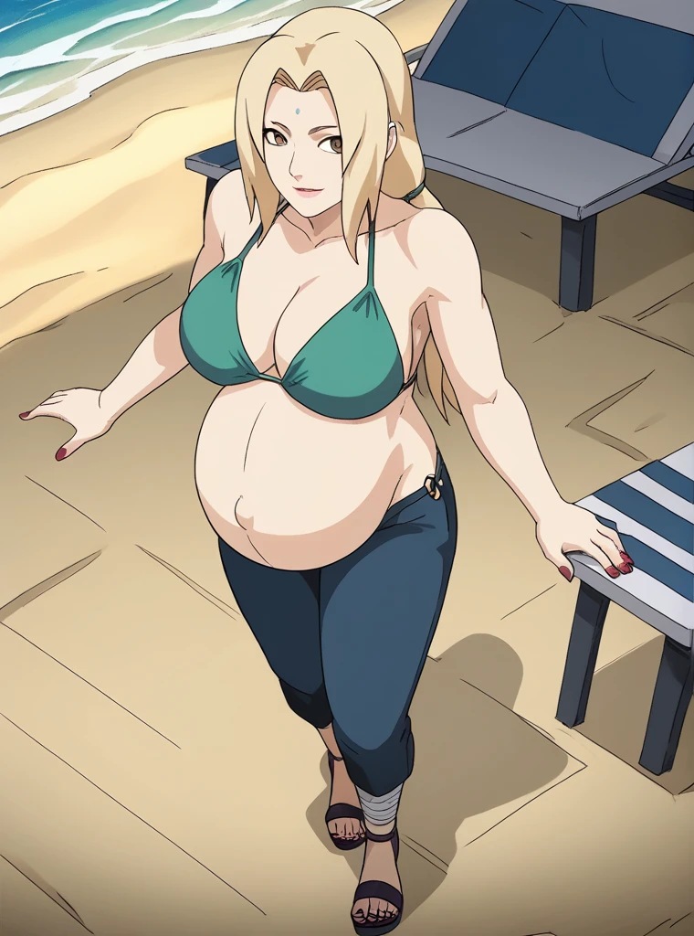 score_9, score_8_above, score_7_above, score_6_above, score_5_above, score_4_above, Tsunade, blonde hair, large breasts, mature female, blue pants, long blonde hair, two low ponytails, smooth and silky hair, Light brown eyes, pale skin, looking ahead, smiling, Posing, Walking, hands on her belly,
big breasts, pregnant, huge belly, big belly, belly button, Posing, blue pants, green maternity robe, bikini, chest bandage, nail polish, rubbing the belly, Beach, beach background, indoors, heels,
high quality, Best Quality, ultra detailed, masterpiece, Whole body, animated style, high quality, ultra detailed, beast quality, anime style, High Resolution, 8K resolution,