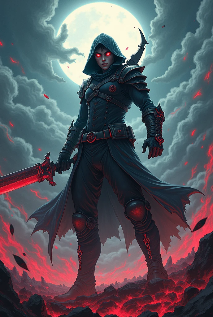 The girl is a Sith lord. She is wearing a black top and underpants. her skin is covered with black tattoos. She has red-yellow eyes. She holds a red lightsaber in right hand.