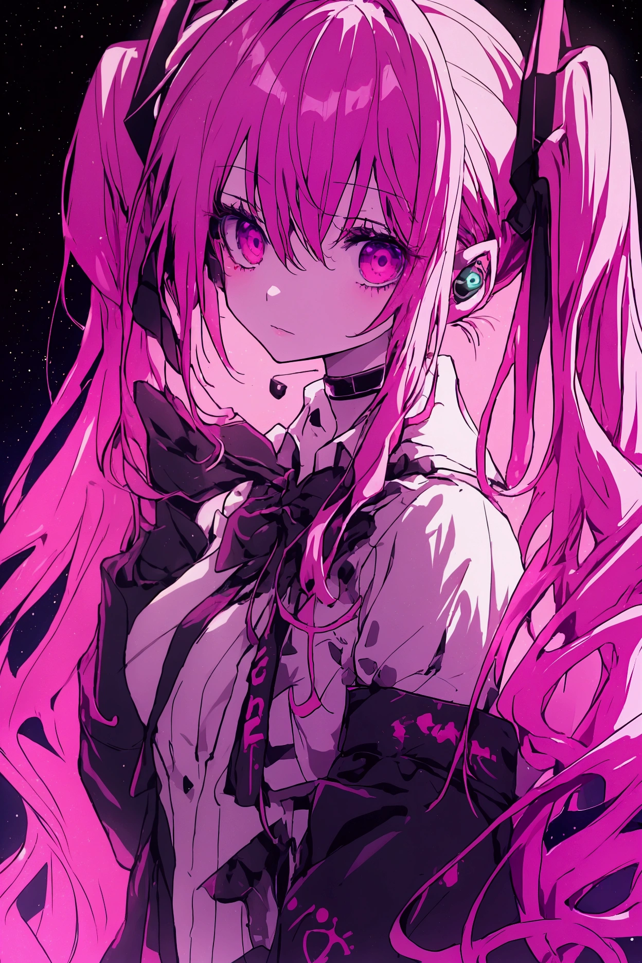 1 girl, alone, zombie girl, (Hatsune Miku), masterpiece, best quality, best resolusion, ultra detailed,girl infected with zombie virus, glowing purple eyes, sharp gaze, tattered clothes, tense atmosphere, blood moon night
