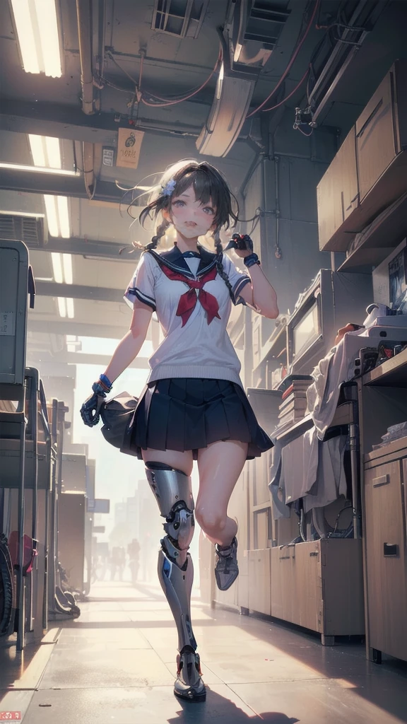 Full Body Shot,Perfect Eyes, Soft Light, high quality, 8k resolution, Masterpiece: Finely textured skin, Attention to detail, 最high quality, Awards, Very detailed, high quality,((Teenage Girls,Student Uniform,High school girl,Body 30％mechanical,Laugh naturally:1.35,The left leg is a prosthetic:1.25,His right arm is a complete prosthetic.,,Prosthetic arms and legs are futuristic,Soft looking lips,Glowing skin,Hair is braided,Hair Accessories,Soft-looking skin:1.25)),100 Meter Sprint:1.25,Running at full speed,I&#39;m good at running,Schoolyard