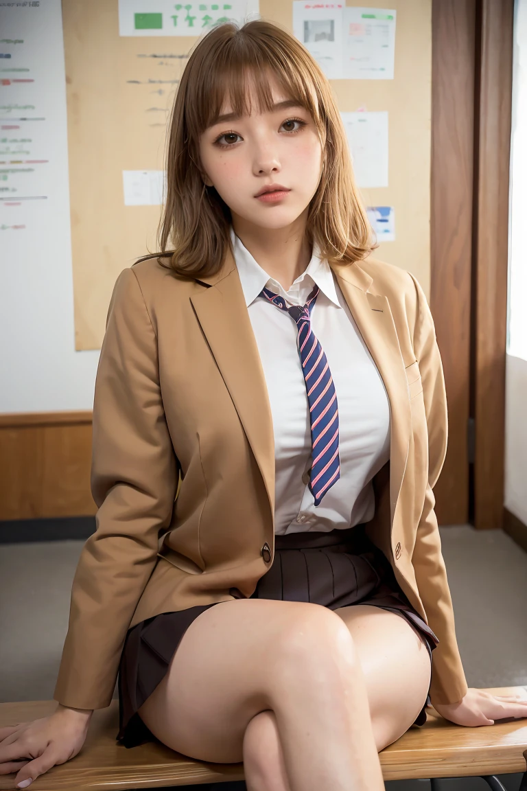 (masterpiece of the highest quality, detailed), One girl, solo, classroom, indoor, Place your hands on your thighs, Mouth closed, Hana Midorikawa, Brown jacket, Neck ribbon, Collared shirt, uniform, Checked skirt, Squint your eyes, eyelash, Striped panties, Crossing your legs, Sitting, poor vision, Disgust, Itchy face
