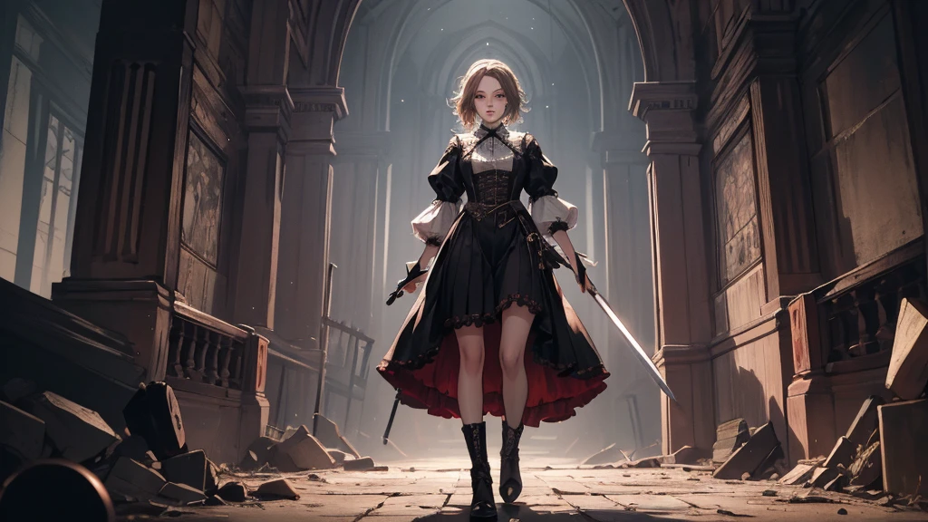  ((best quality)), ((masterpiece)), (detailed), 1girl, adult, perfect anatomy, thick thighs, detailed eyes, detailed face, beautiful face, red and white clothing, Bloodborne inspired, occult aesthetic, occult, detailed and intricate steampunk and detailed gothic, Very dramatic and cinematic lighting, cosmic horror, grim-dark, side-lighting, perfect face, Fluttering lace flared long knee length dress with frilly petticoats, knee length dress, pleated petticoats, complex lace boots, side-lighting, wielding a mighty sword with mechanical components, carbine, full body, whole body, head-to-toe, SFW, 