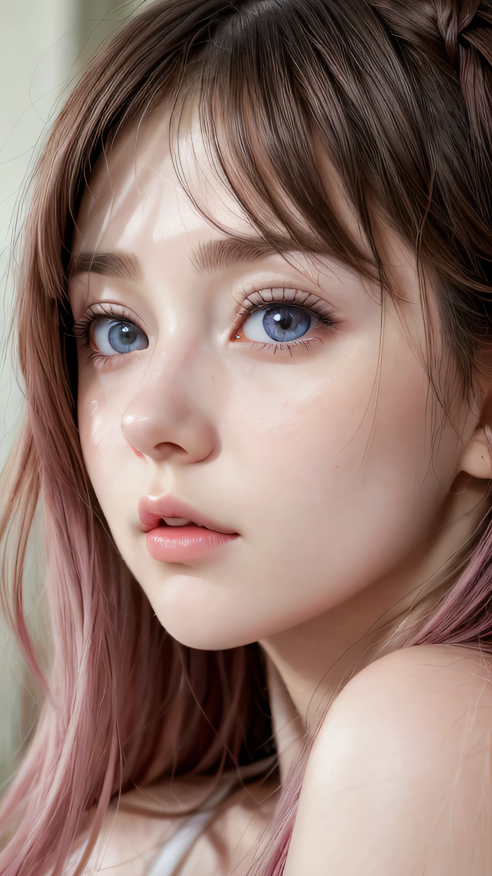 8K, best qualityer, work of art, ultra high resolution, (真实感: 1.4), OriginalPhoto, (textura de pele realista: 1.3), (Film grain: 1.3), (Selfie angle), 1 girl, pink clothes, Sapphire eyes and beautiful facial details, work of art, best qualityer, close up, Highest quality pull-ups for the upper body