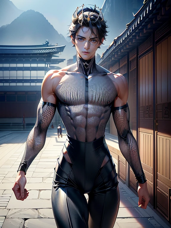 Handsome guy, 25 years old, Asian, master work, best picture quality, higher quality, high detail, super high resolution, 8k resolution, delicate facial features, boy, big muscles, tattoos, glowing eyes, short hair, hair details, [[Look away, look to the side, emphasize homosexuality and pay attention to every detail , open Hanfu transparent tulle jacket, white rubber pants, night, starry sky, flying flowers. Waterfalls, mountains, circling dragons, Chinese courtyard background (((((crotch bulge)))))