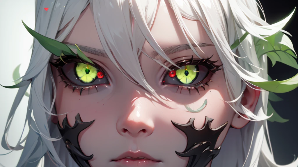 White hair, green eye, black sclera, girl, tattooed, full body, perfect anatomy, suggestive pose